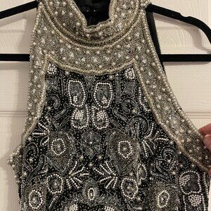 Vintage Lawrence Kazar Black & White Beaded 100% Silk Dress Size Medium